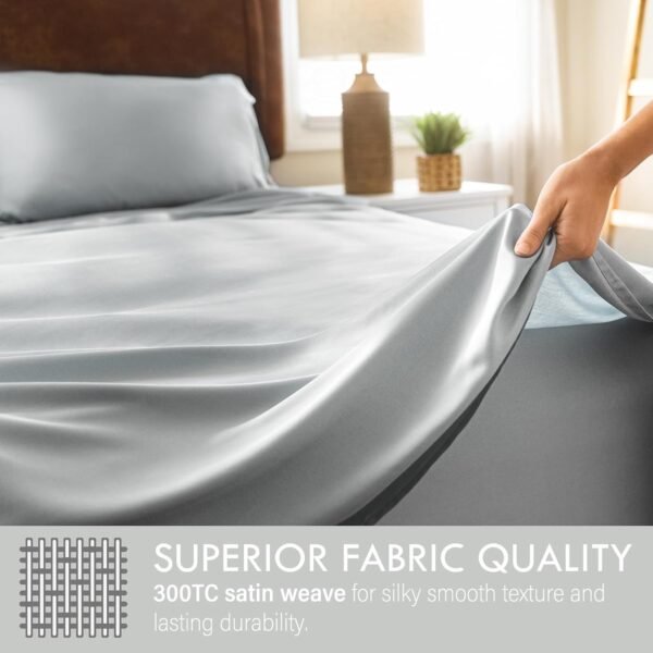 Cleva Sheets Queen Bed Sheet Set, 100% Rayon derived from Bamboo, Luxuriously Soft, Cooling, Double Stitching, 16" Deep Pockets (Queen, Silver) - Image 3