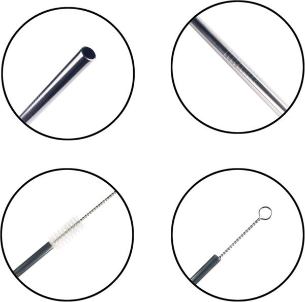 BambooMN Reusable Stainless Steel Metal Drinking Straws - 8.5" Thick Straight Straws w/ 1x Cleaning Brush - 6 Pack - Image 3