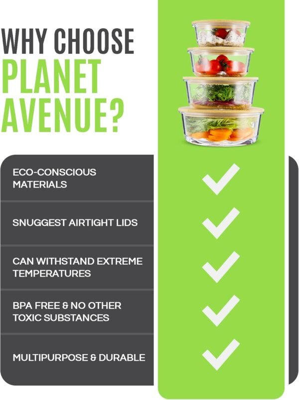PLANET AVENUE 4 Pack Glass Containers with Bamboo Lids, Glass Food Storage Containers with Bamboo Lids, Eco-Friendly Meal Prep Containers Airtight, Safe for Microwave, Freezer, Dishwasher, BPA Free - Image 4