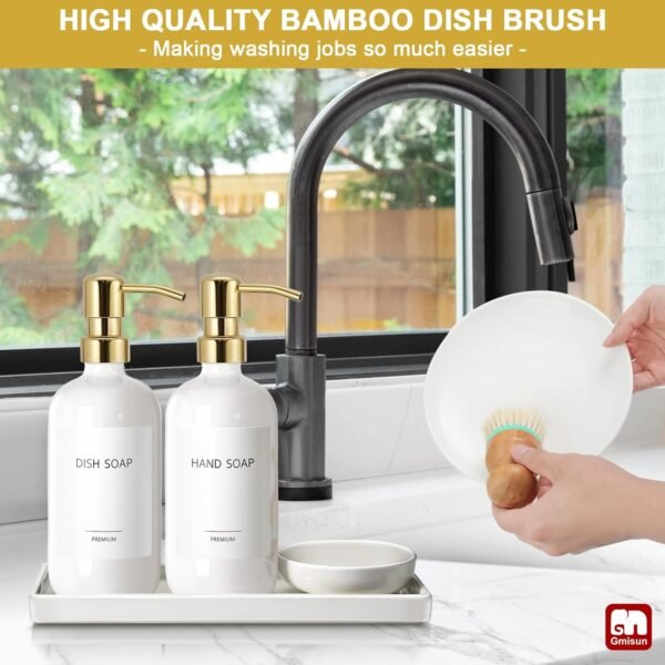 GMISUN Kitchen Soap Dispenser, 16 Oz Kitchen Dish Soap Dispenser Set with Ceramic Tray & Bamboo Brush, 2Pcs Farmhouse Dish Soap Dispenser for Kitchen, Modern White Glass Liquid Hand Soap Dispenser - Image 5