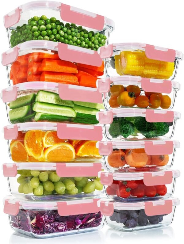 KOMUEE 12 Packs Glass Meal Prep Containers Set, Glass Food Storage Containers with Locking Lids, Airtight Glass Lunch Containers, Microwave, Oven, Freezer & Dishwasher Friendly, Pink