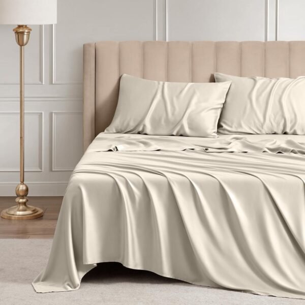 Queen Sheet Set, 100% Rayon Derived from Bamboo, 4-Piece, 16 Inch Deep Pockets, Cooling Sheets for Queen Size Bed Set, Breathable & Silky Soft, Hotel Bedding Sheets & Pillowcases, Sand - Image 7
