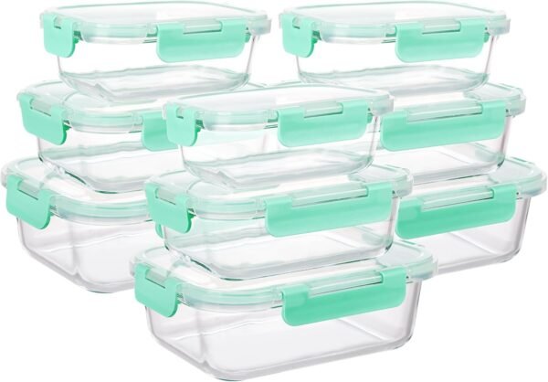 Moretoes Glass Food Storage Containers, 9pcs, Glass Meal Prep Containers, Glass Airtight Leakproof Containers Set, Glass Storage Containers with Lids