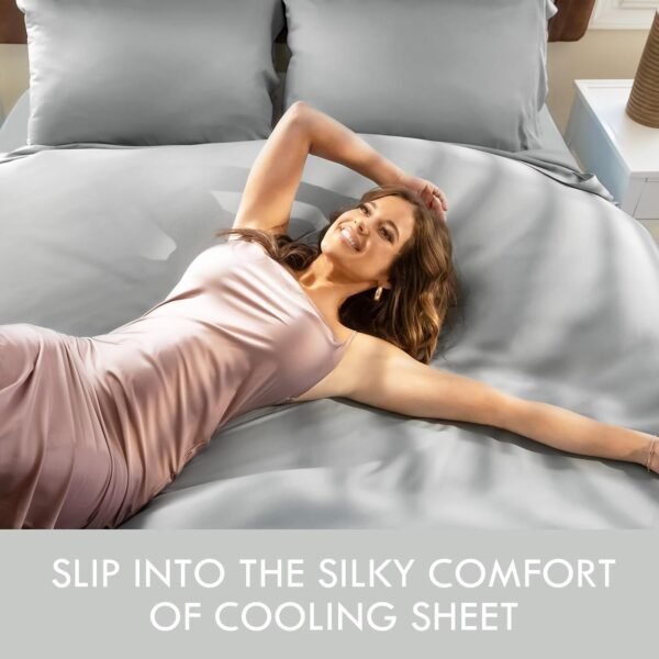 Cleva Sheets Queen Bed Sheet Set, 100% Rayon derived from Bamboo, Luxuriously Soft, Cooling, Double Stitching, 16" Deep Pockets (Queen, Silver) - Image 4