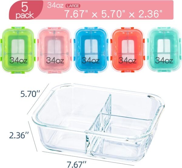 5 Pack Glass Meal Prep Containers 3 Compartment with Lids, Divided Glass Storage Containers with Silicone Sleeve for Lunch, Leak-Proof Portion Control Food Containers, Dishwasher Safe, 34 oz - Image 2