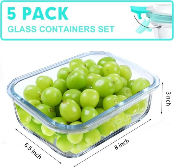 VERONES 5 Pack 36 OZ Glass Meal Prep Containers, Airtight Glass Lunch Containers Set, Glass Food Storage Containers with Lids,Exclusive of BPA, for Microwave, Oven, Freezer & Dishwasher Friendly,Green - Image 2