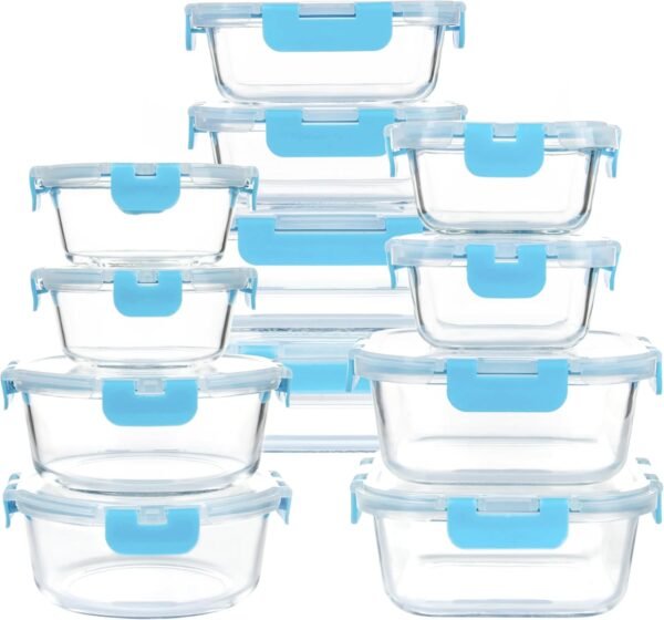 12 Pack Glass Storage Containers with Lids, Glass Meal Prep Containers Set, Airtight Food Storage Containers, Blue