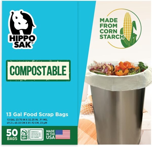 Hippo Sak - 13 Gallon Tall Kitchen Compostable Bags - Reinforced Bottom and Leak Proof Bags (50 Count) - Image 3