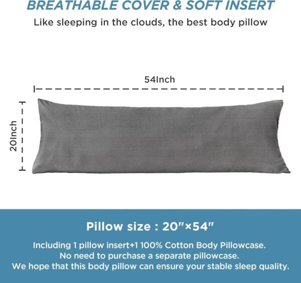 Litanika Body Pillow Insert with Cover, 100% Jersey Cotton Long Pillow for Side Sleeper, Pregnancy Pillows for Sleeping, Knit Cotton Breathable Fluffy Soft Full Body Pillow for Adults, Grey, 20"x54" - Image 8