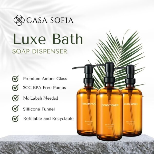 Shampoo and Conditioner Dispenser | Refillable Shampoo Dispenser Bottles with Pump | Set of 3, 16 OZ Amber Glass Shower Soap Dispensers with Concrete Tray | Modern Bathroom Essentials - Image 8