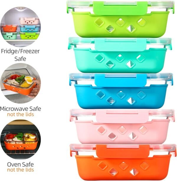 5 Pack Glass Meal Prep Containers 3 Compartment with Lids, Divided Glass Storage Containers with Silicone Sleeve for Lunch, Leak-Proof Portion Control Food Containers, Dishwasher Safe, 34 oz - Image 5