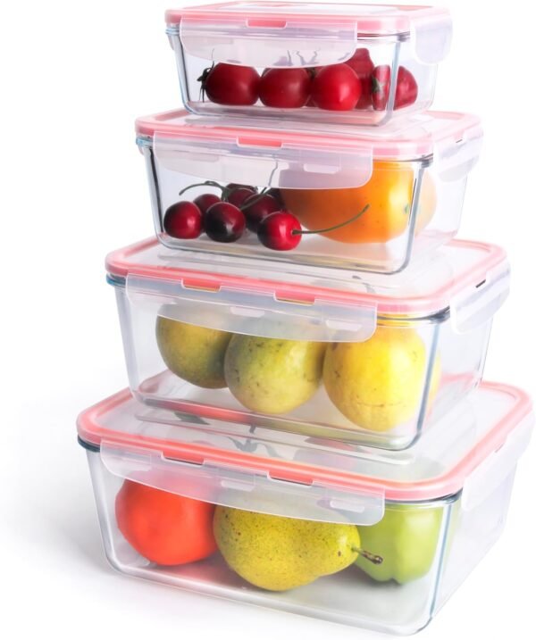 Extra Large Glass Food Storage Containers with Lids, Set-8-Piece Lunch Containers, Ideal for Storing Food, Vegetables, Fruits, Baking Cake & lot of other Tasty Food (Rectangular)