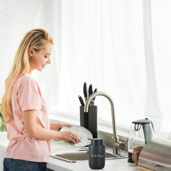 BosilunLife Black Soap Dispenser Set - 2 Pack 12oz Ceramic Dish Soap Dispenser with Rust Proof Pump for Kitchen, Hand Soap and Lotion Set Suitable for Farmhouse Bathroom Decor with Waterproof Labels - Image 5