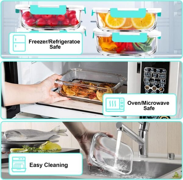 VERONES 5 Pack 36 OZ Glass Meal Prep Containers, Airtight Glass Lunch Containers Set, Glass Food Storage Containers with Lids,Exclusive of BPA, for Microwave, Oven, Freezer & Dishwasher Friendly,Green - Image 3