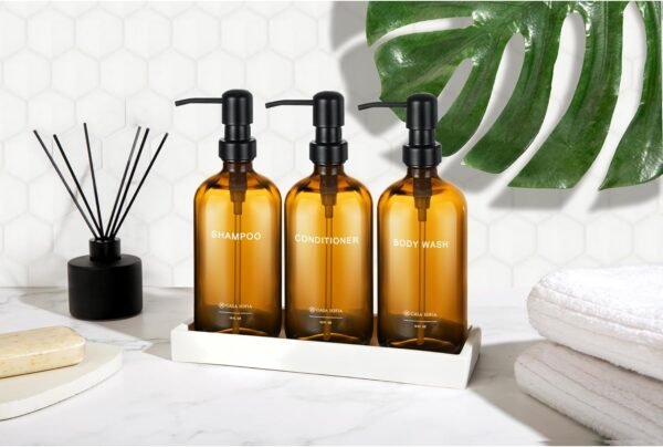 Shampoo and Conditioner Dispenser | Refillable Shampoo Dispenser Bottles with Pump | Set of 3, 16 OZ Amber Glass Shower Soap Dispensers with Concrete Tray | Modern Bathroom Essentials - Image 2