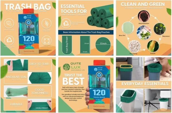 Small Trash Bags 1.2 Gallon,Biodegradable Garbage Bags,Compostable Small Garbage bags for Bathroom Bedroom Office Kitchen 120 Count, Green - Image 8