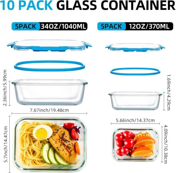 UMI UMIZILI Glass Food Storage Containers with Lids, 10 Pack Leakproof Glass Meal Prep Containers Airtight Stackable Glass Containers for Leftover, Fruit, Vetageables, Dishwasher Safe - Image 2