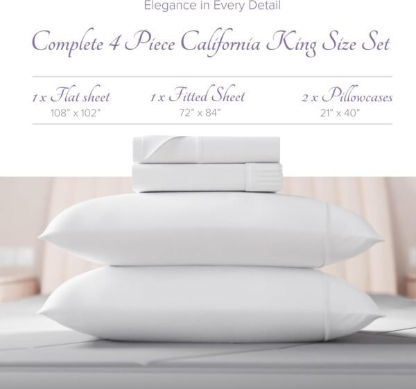 Carressa Linen 100% Egyptian Cotton Sheets - 600 Thread Count 4 PC California King Size Sheet Set, Soft, Cooling, High Thread Count, Extra Long Staple Luxury Bedding, Cal King Sheets - Crisp White - Image 2