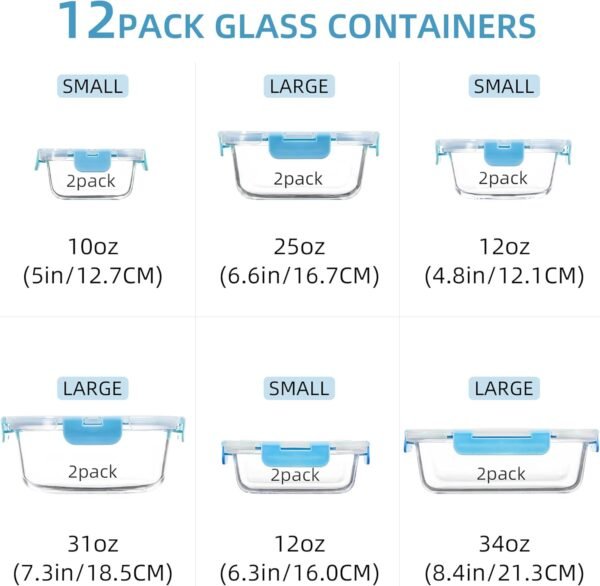 12 Pack Glass Storage Containers with Lids, Glass Meal Prep Containers Set, Airtight Food Storage Containers, Blue - Image 2