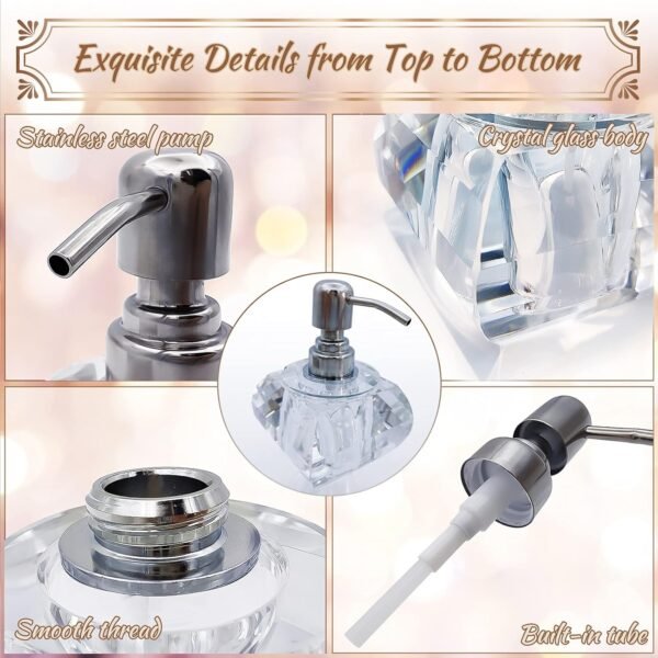 QTQZDD Crystal Glass Soap Dispenser for Bathroom, Modern Decorative Hand Soap Dispenser with Rust Proof Stainless Steel Pump, Lotion Dispenser for Kitchen Hotel Club Ornaments-Clear Glass - Image 5