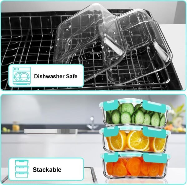 VERONES 5 Pack 36 OZ Glass Meal Prep Containers, Airtight Glass Lunch Containers Set, Glass Food Storage Containers with Lids,Exclusive of BPA, for Microwave, Oven, Freezer & Dishwasher Friendly,Green - Image 4