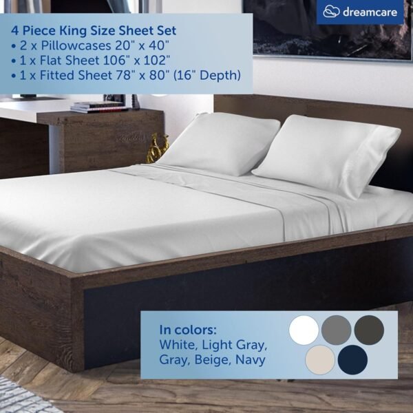 DREAMCARE 100% Viscose from Bamboo Sheets King Size - 4 Pc Luxury Cooling Sheets for Hot Sleepers, King Size Bed Sheets Set, Viscose from Bamboo Sheets Set (White) - Image 4