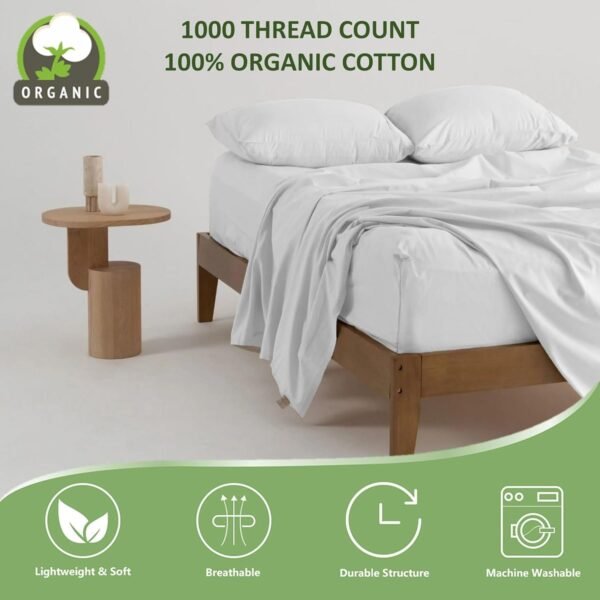 Pure 100% Certified Organic Cotton Bed Sheet Set 1000 Thread Count, Crisp and Cooling Sateen Weave, Breathable, Eco-Friendly, 4 Piece Bedding Set, 12" Deep Pocket -(Chocolate, California King) - Image 6
