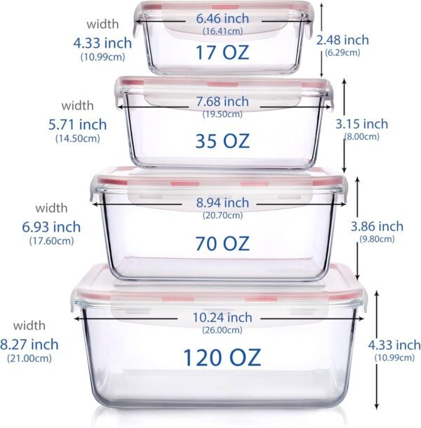 Extra Large Glass Food Storage Containers with Lids, Set-8-Piece Lunch Containers, Ideal for Storing Food, Vegetables, Fruits, Baking Cake & lot of other Tasty Food (Rectangular) - Image 2