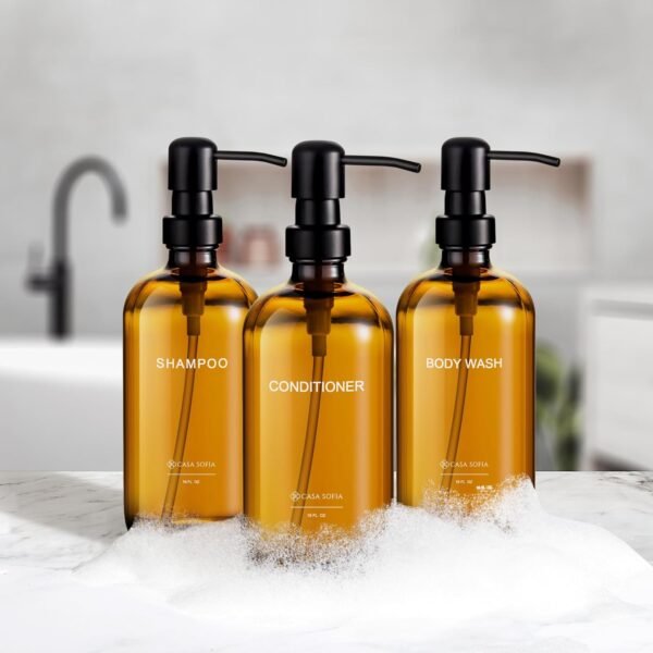Shampoo and Conditioner Dispenser | Refillable Shampoo Dispenser Bottles with Pump | Set of 3, 16 OZ Amber Glass Shower Soap Dispensers with Concrete Tray | Modern Bathroom Essentials - Image 4