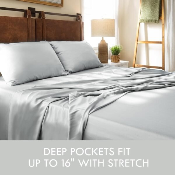 Cleva Sheets Queen Bed Sheet Set, 100% Rayon derived from Bamboo, Luxuriously Soft, Cooling, Double Stitching, 16" Deep Pockets (Queen, Silver) - Image 2