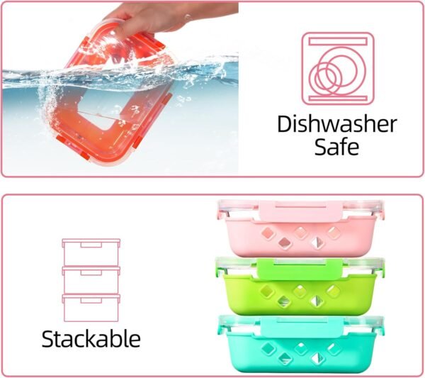 5 Pack Glass Meal Prep Containers 3 Compartment with Lids, Divided Glass Storage Containers with Silicone Sleeve for Lunch, Leak-Proof Portion Control Food Containers, Dishwasher Safe, 34 oz - Image 4