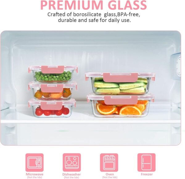 KOMUEE 12 Packs Glass Meal Prep Containers Set, Glass Food Storage Containers with Locking Lids, Airtight Glass Lunch Containers, Microwave, Oven, Freezer & Dishwasher Friendly, Pink - Image 5