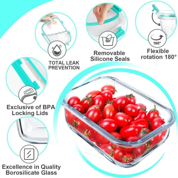 VERONES 5 Pack 36 OZ Glass Meal Prep Containers, Airtight Glass Lunch Containers Set, Glass Food Storage Containers with Lids,Exclusive of BPA, for Microwave, Oven, Freezer & Dishwasher Friendly,Green - Image 5
