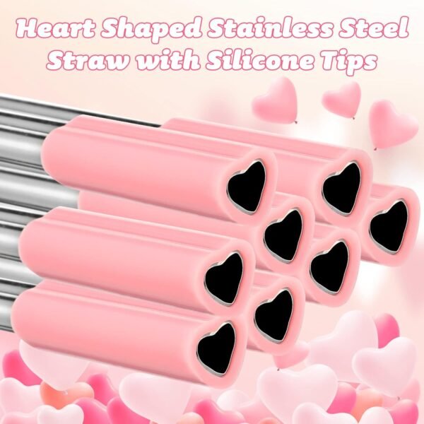 Jutom 8 Pack Heart Shaped Stainless Steel Straws with Silicone Tips Reusable Heart Straws Cute Straws with 2 Cleaning Brushes for Hot Cold Drinks Valentine's Day Bridal Shower Wedding (Pink) - Image 7
