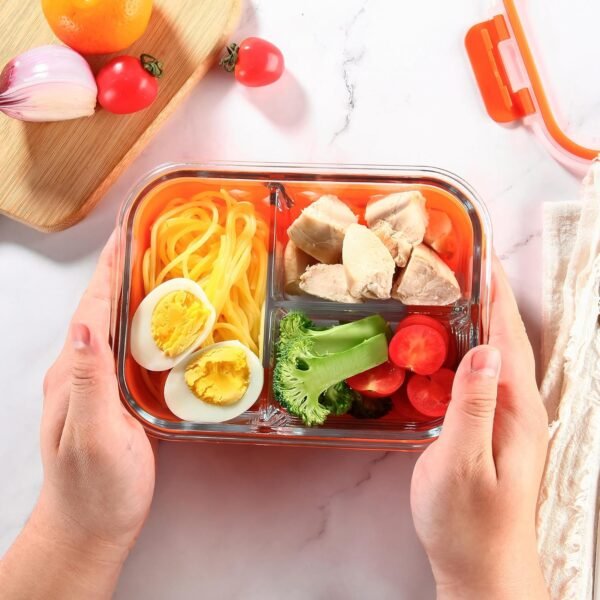 5 Pack Glass Meal Prep Containers 3 Compartment with Lids, Divided Glass Storage Containers with Silicone Sleeve for Lunch, Leak-Proof Portion Control Food Containers, Dishwasher Safe, 34 oz - Image 6