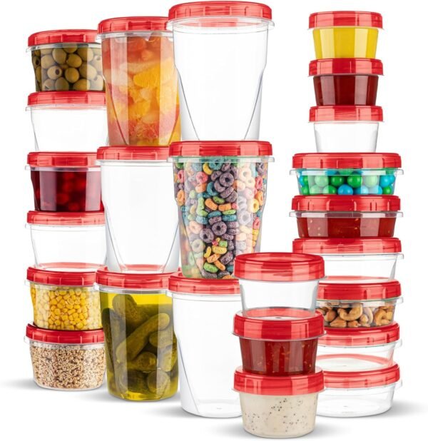 PLASTICPRO 24 Pack Twist Top Containers Assorted Sizes Plastic Food Storage Containers with Red Twist on Lids Stackable Reusable