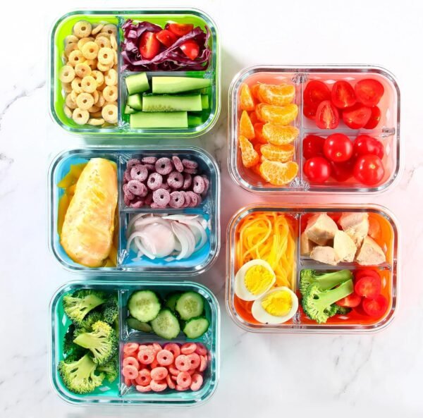 5 Pack Glass Meal Prep Containers 3 Compartment with Lids, Divided Glass Storage Containers with Silicone Sleeve for Lunch, Leak-Proof Portion Control Food Containers, Dishwasher Safe, 34 oz - Image 7