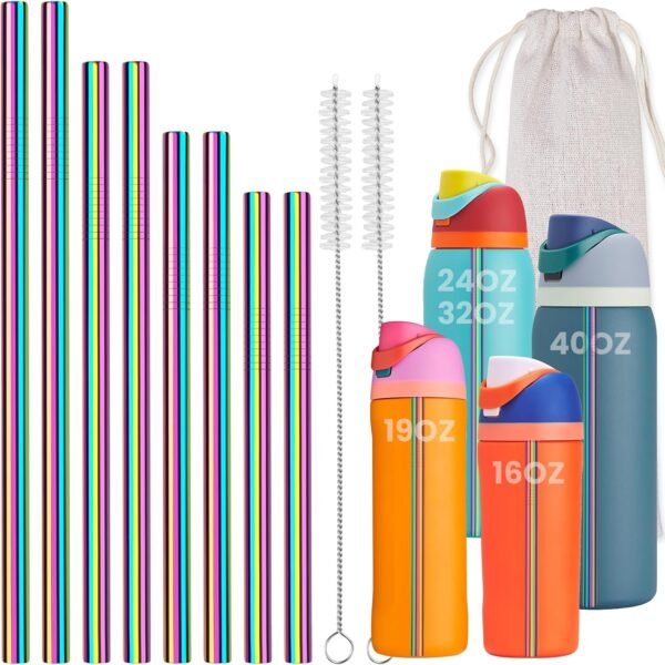 NiHome 8PCS Stainless Steel Straws for Owala Water Bottle, 4 Lengths Compatible with FreeSip 19oz 24oz 32oz 40oz, Tritan 25oz, Kids’ FreeSip 16oz, with Cleaning Brush & Travel Storage Bag (Iridescent)
