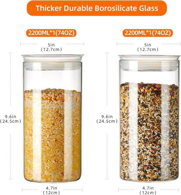 ZENS 74 fl.oz Glass Storage Containers with Airtight Lids, 2 Set 4.7in Wide Mouth Clear Food Storage Jars for Kithen Pantry Baking Flour, Clear Glass Canisters Sets for Pasta, Coffee Beans, Rice - Image 3