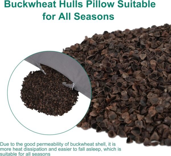 Buckwheat Pillow for Sleeping with Washable Organic Cotton Cover for Adult Neck Pain Relief, Adjustable and Breathable Neck Support Pillow, Natural Buckwheat Hull Pillow for Back and Side Sleepers - Image 4