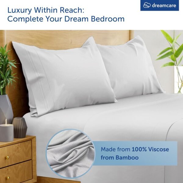 DREAMCARE 100% Viscose from Bamboo Sheets King Size - 4 Pc Luxury Cooling Sheets for Hot Sleepers, King Size Bed Sheets Set, Viscose from Bamboo Sheets Set (White) - Image 3