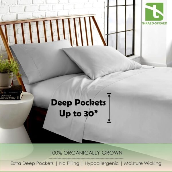 Organic Split Head King Size Sheet Set for Adjustable Bed - Pure Organic 700 Thread-Count Cotton, 39" Split from Top and 30 inches Deep Pockets - Light Grey Color - Image 3