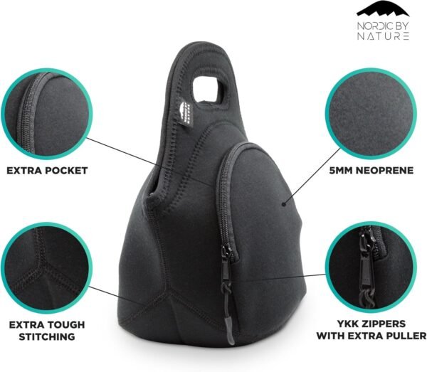 Nordic By Nature Lunch Bags For Women & Lunch Boxes For Kids Premium Insulated Lunch Box Extra Thick Neoprene, Soft Cotton Feel, Premium Stitching, Outside Pocket, Washable (M) Black - Image 7