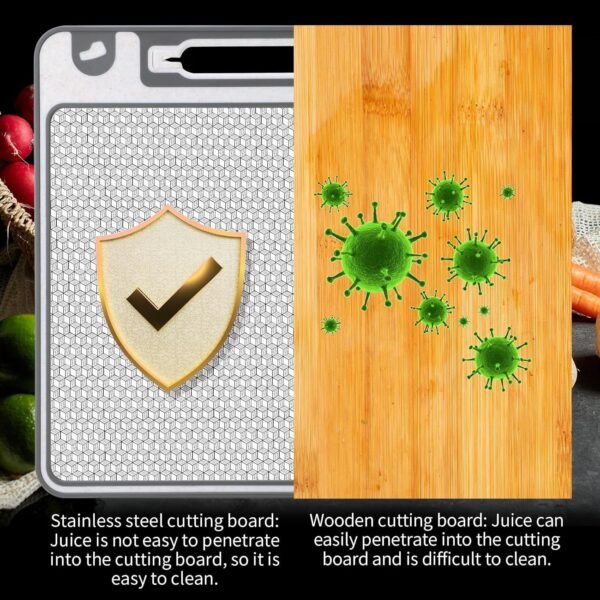 Small Stainless Steel Cutting Board, 14.6 * 9.8inch Stainless Steel and Wheat Straw PP Double Sided Cutting Boards for Kitchen 304 Metal Cutting Board, Juice Sink, Ceramic Whetstone - Image 5