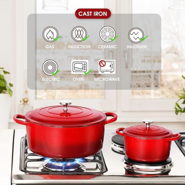 Enameled Cast Iron Dutch Oven Set with Lids, 2pcs Cast Iron Pot, 6QT & 1.5QT Enamel Cookware Pot, Red - Image 4