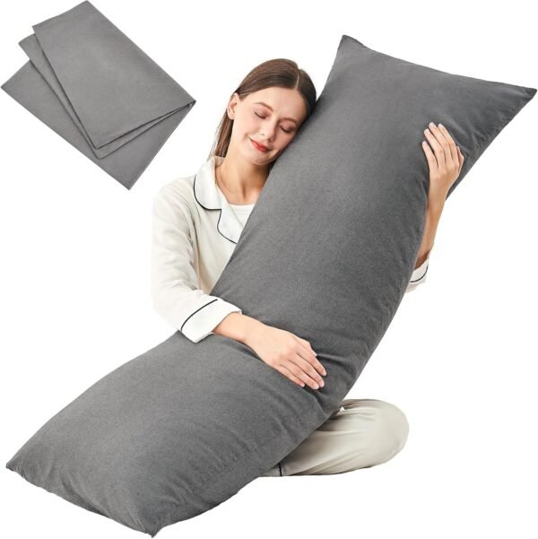 Litanika Body Pillow Insert with Cover, 100% Jersey Cotton Long Pillow for Side Sleeper, Pregnancy Pillows for Sleeping, Knit Cotton Breathable Fluffy Soft Full Body Pillow for Adults, Grey, 20"x54"