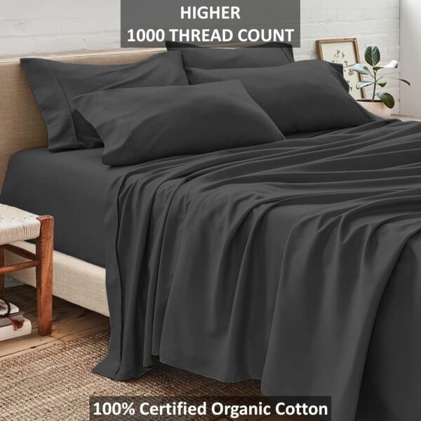 100% Real Certified Organic Cotton Bedsheet Set, King Size 6 Piece 1000 Thread Count Sheets Sets, Fits Mattress Upto 18" Deep Pocket - Dark Grey - Image 2